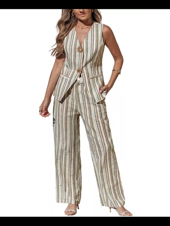 Cupshe Pants - Cupshe 2pc Beige and Green Striped Sleeveless V-Neck Vest And Pants